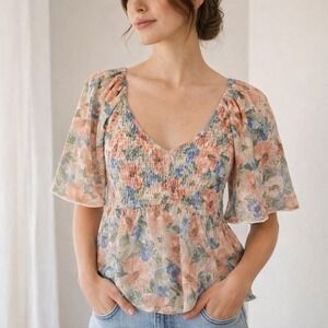 Hem & Thread Floral Pink Blue Smocked Flutter Sleeve Top Size Medium Cottagecore